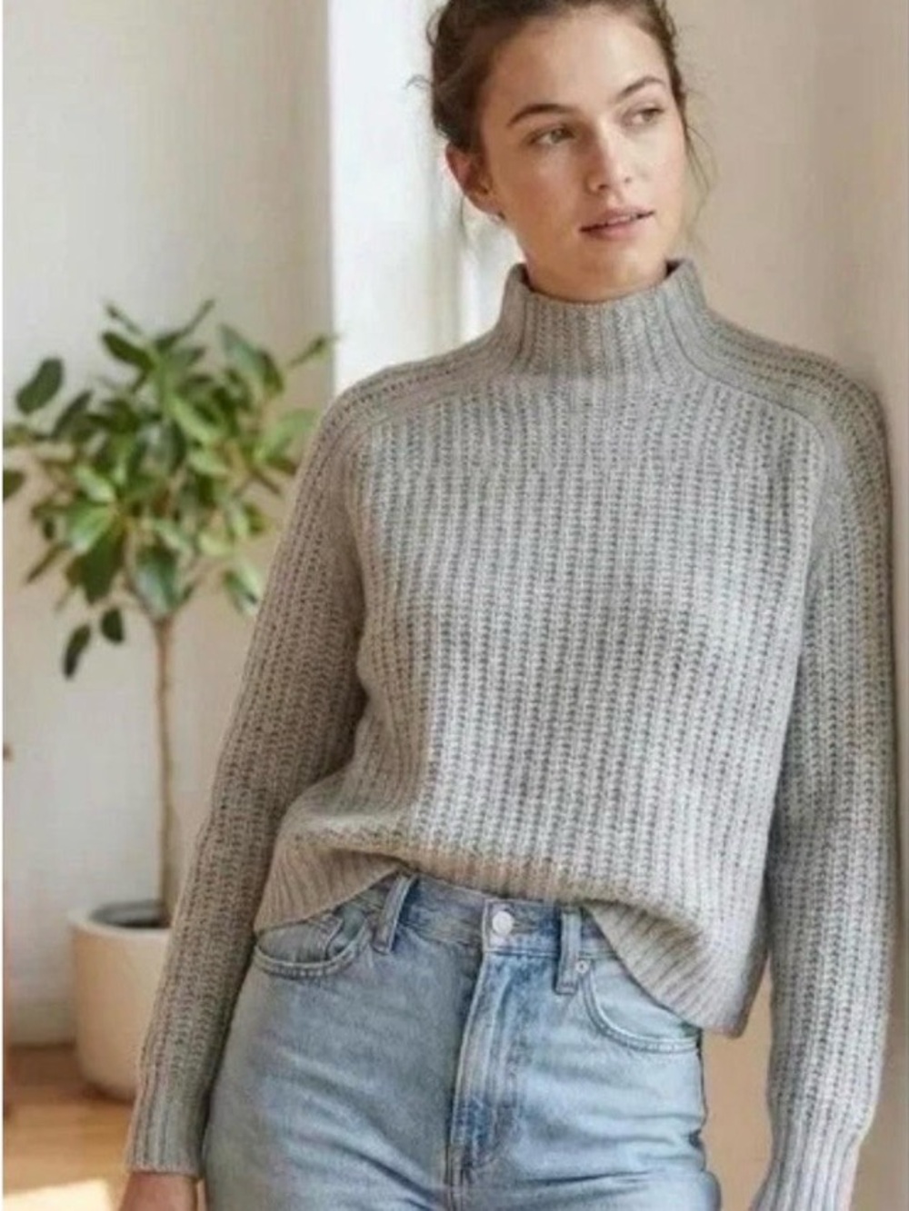 Madewell Mockneck Crop Sweater Heather Grey Shaker Knit 100% Merino Wool Small